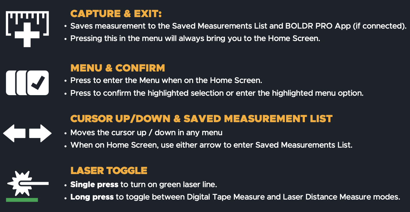 T1R Range Laser Measuring Tool Buttons