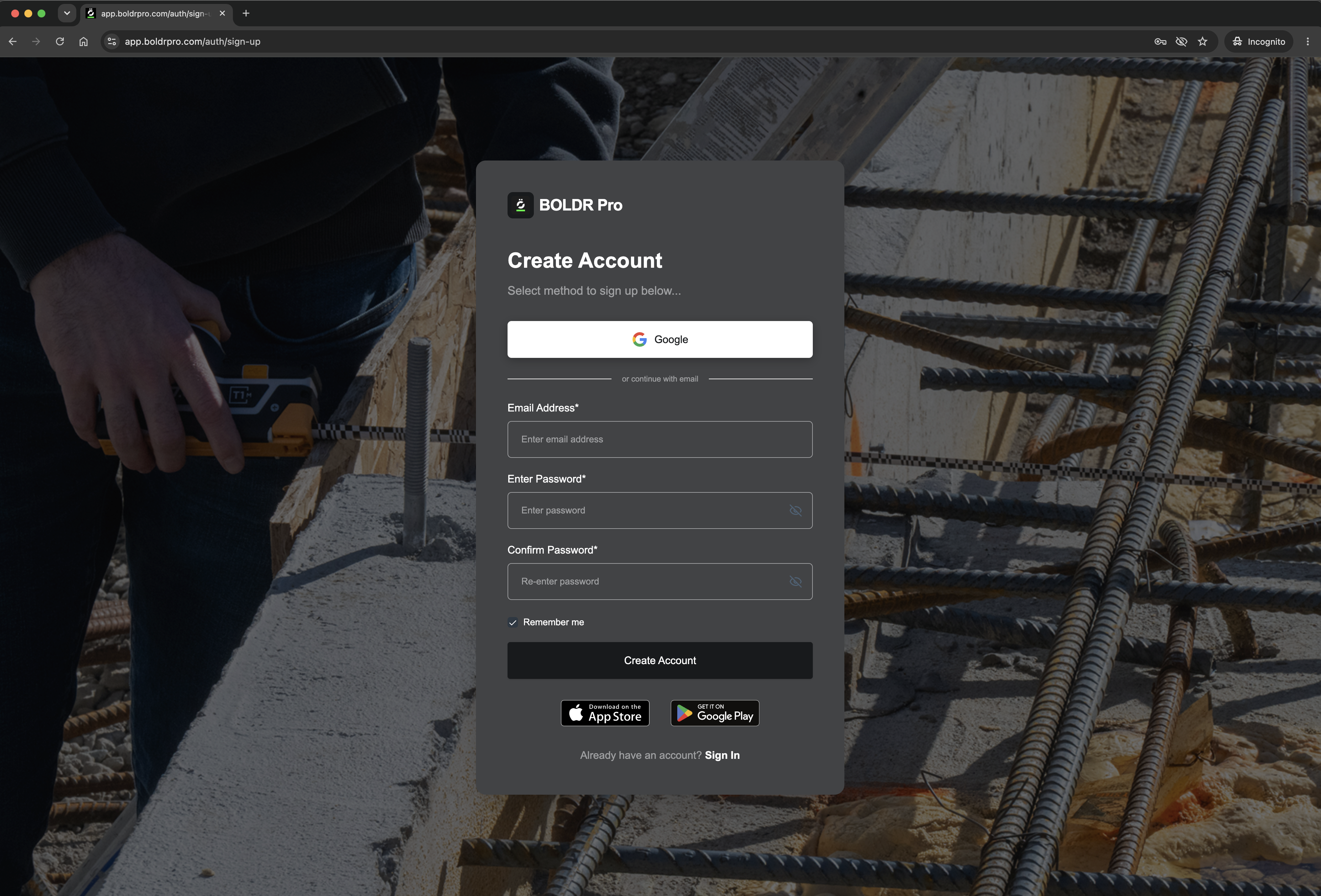 Create an Account Page on BOLDR Pro Web Portal. You can create your credentials here
